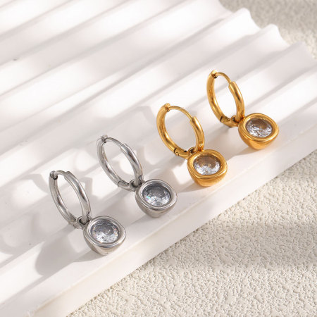 Boucles d'oreilles créoles simples en acier inoxydable, étanches, couleur or, avec zircon. 2