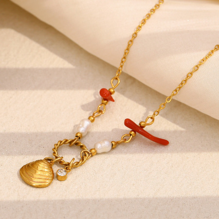 Colliers pendentifs pour femmes en acier inoxydable, perle couleur or, coquillage et corail de vacances 2