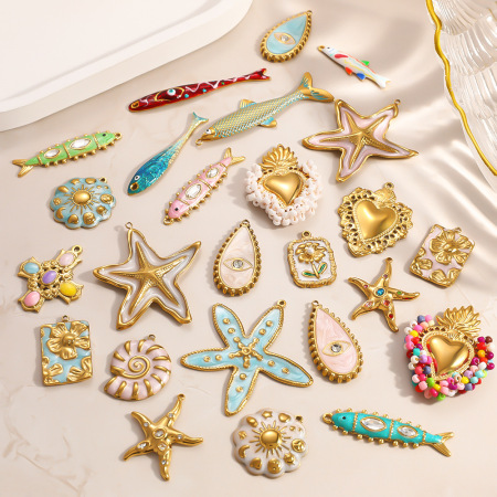 Pendentifs pour femmes, collection romantique, style océanique, en acier inoxydable, couleur or, motif cœur et poisson, à faire soi-même