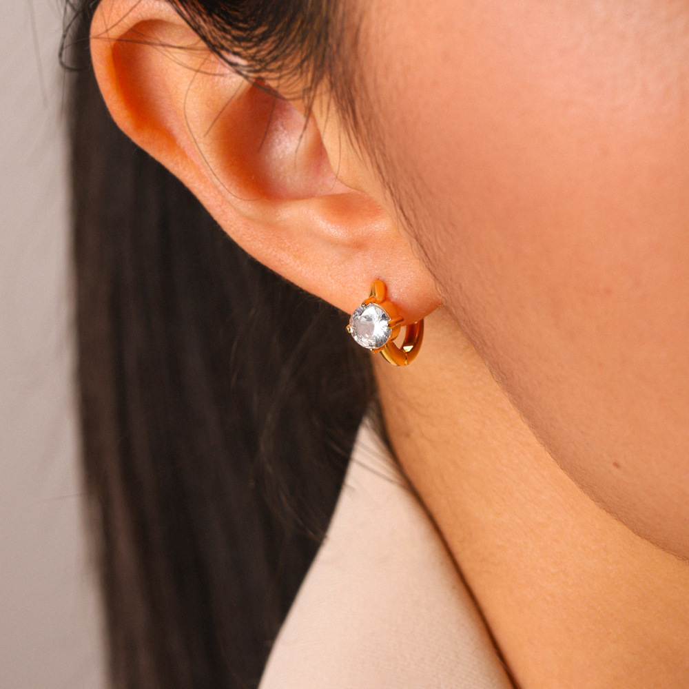 Boucles D'Oreilles Créoles Pour Femmes Simple Series Daily Droplet Circle En Acier Inoxydable Étanche Couleur Or Avec Zircon Image3