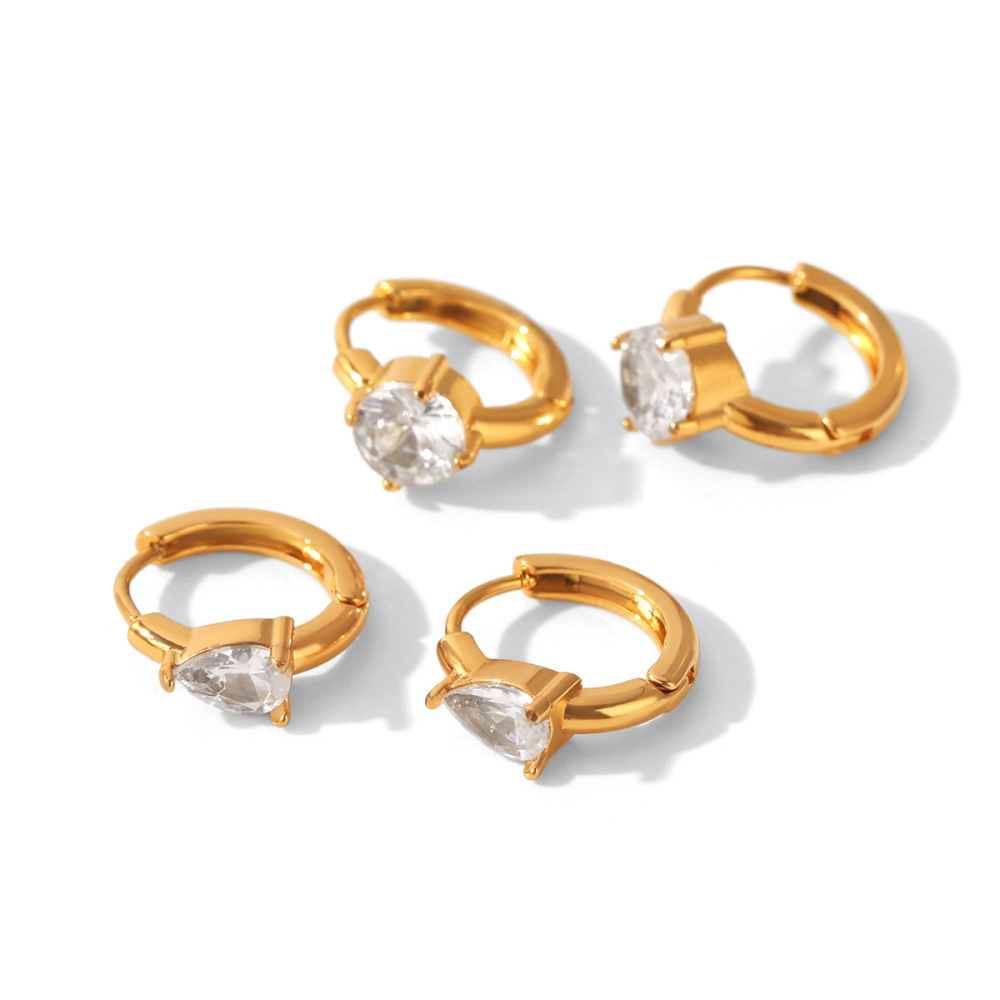 Boucles D'Oreilles Créoles Pour Femmes Simple Series Daily Droplet Circle En Acier Inoxydable Étanche Couleur Or Avec Zircon Image6