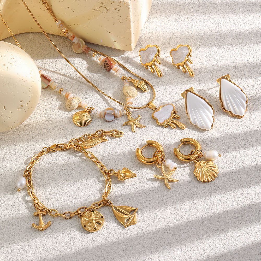 Ensembles De Colliers Pour Femmes En Acier Inoxydable Doré, Style Océanique, Avec Coquillage Et Étoile De Mer Image2