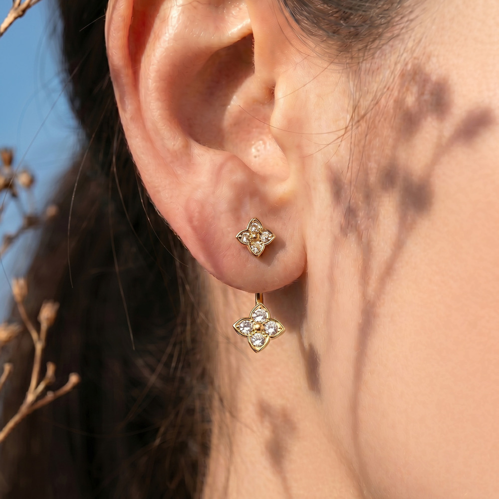 Boucles D'Oreilles Puces Pour Femmes En Acier Inoxydable Doré, Imperméables, Ornées De Strass Et Représentant Des Fleurs Image2