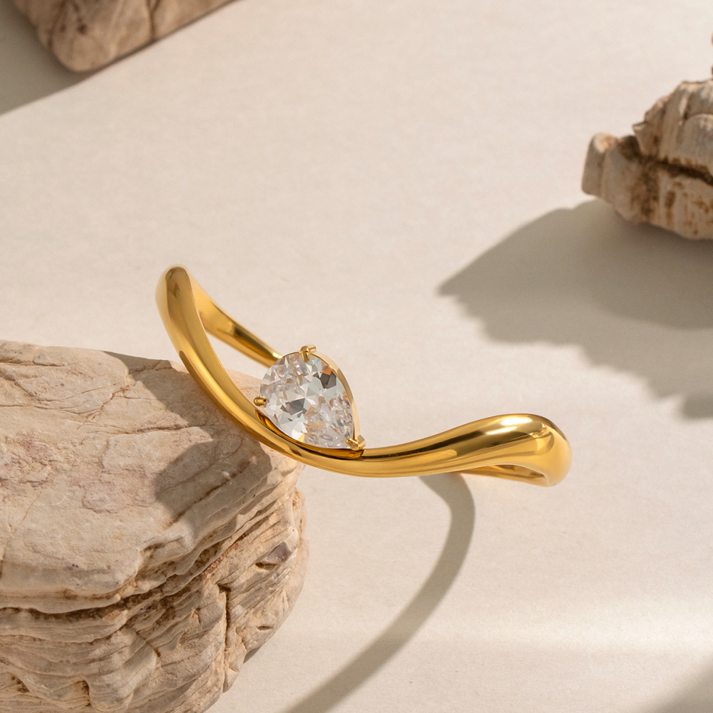 Bracelet Manchette Femme En Acier Inoxydable, Étanche, Couleur Or, Avec Zircon, Forme Linéaire Image6
