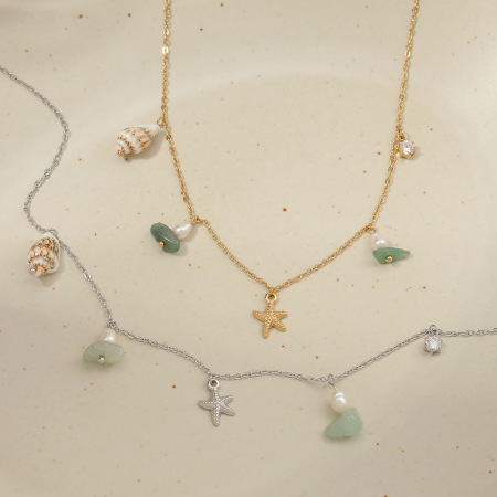 Colliers pendentifs pour femmes en acier inoxydable, couleur or, avec étoile de mer, pierre naturelle et coquillage en zircon, style océanique
