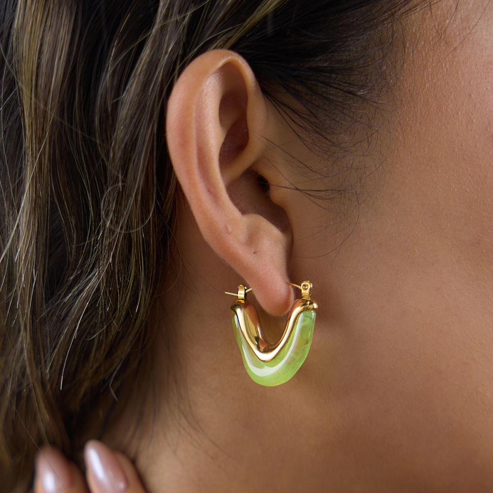 Boucles D'Oreilles Créoles Pour Femmes, Style Rétro Simple, Triangulaires, Dégradé De Couleurs, En Acier Inoxydable, Imperméables Et En Acrylique Doré. Image4