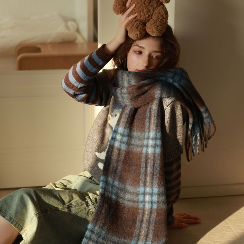 Écharpes D'Hiver En Laine Et Polyester Mélangés, À Carreaux Rétro Et Pompons, De La Série Simple 