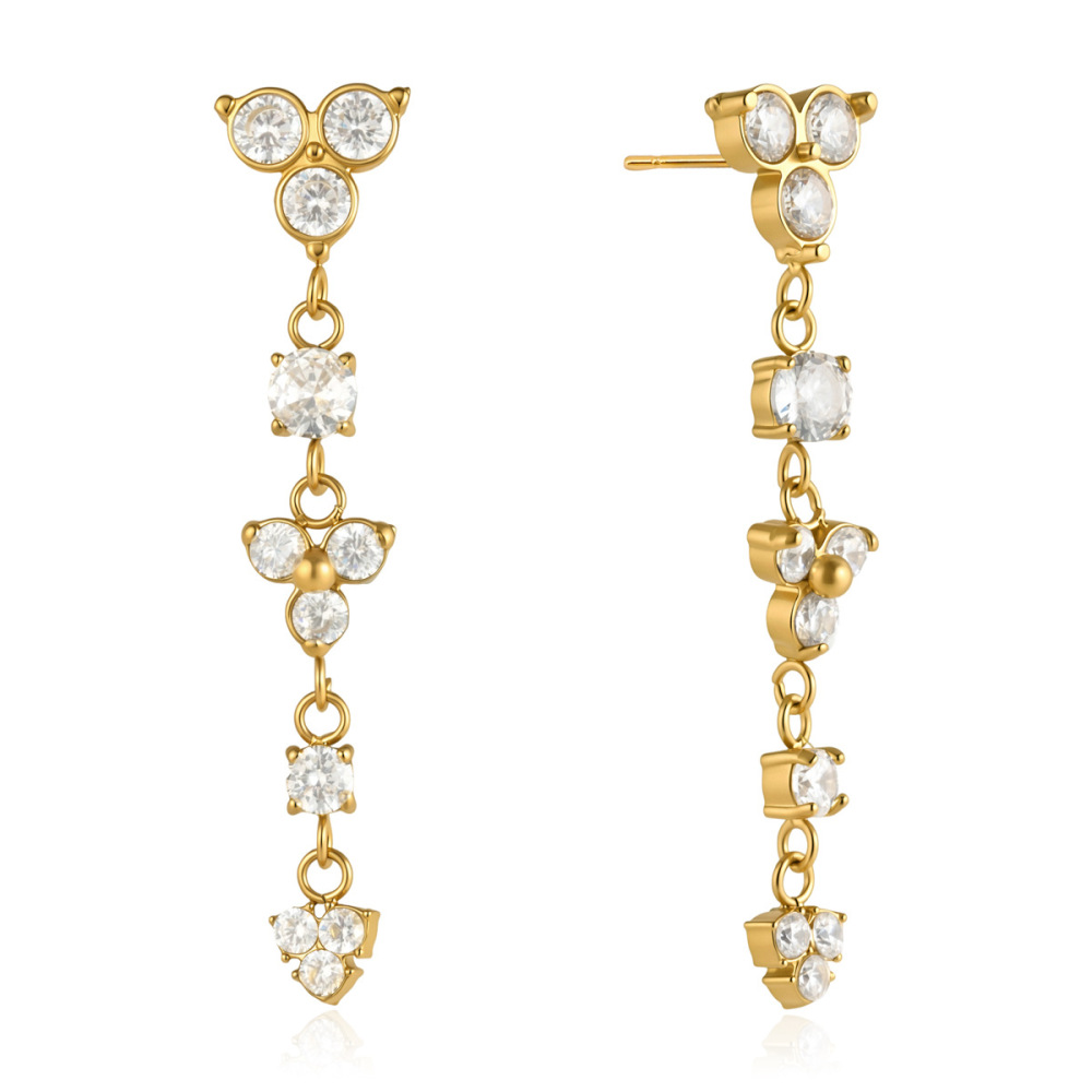 Boucles D'Oreilles Pendantes Pour Femme, Élégantes, En Acier Inoxydable, Couleur Or, Avec Pompon Et Fleur, Ornées De Zirconiums Et Imperméables, Collection Romantique Image5
