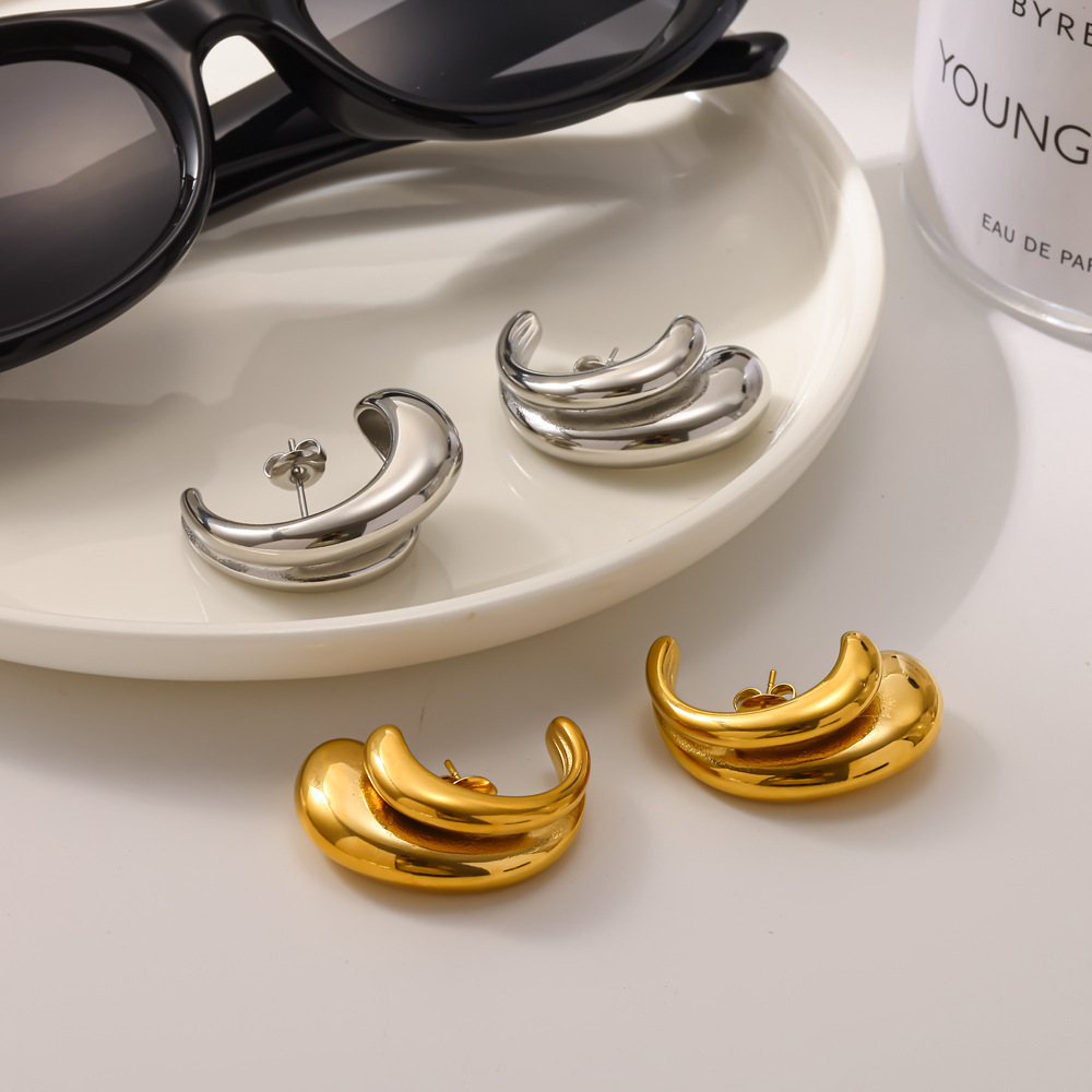 Boucles D'Oreilles Puces Pour Femmes, En Acier Inoxydable, Étanches, Couleur Or, Forme Simple En C Image3