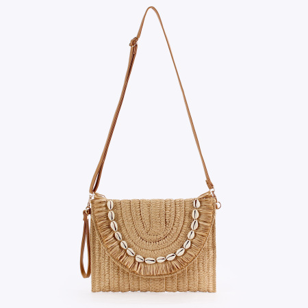 Sac carré femme en raphia tissé uni couleur coquillage style vacances