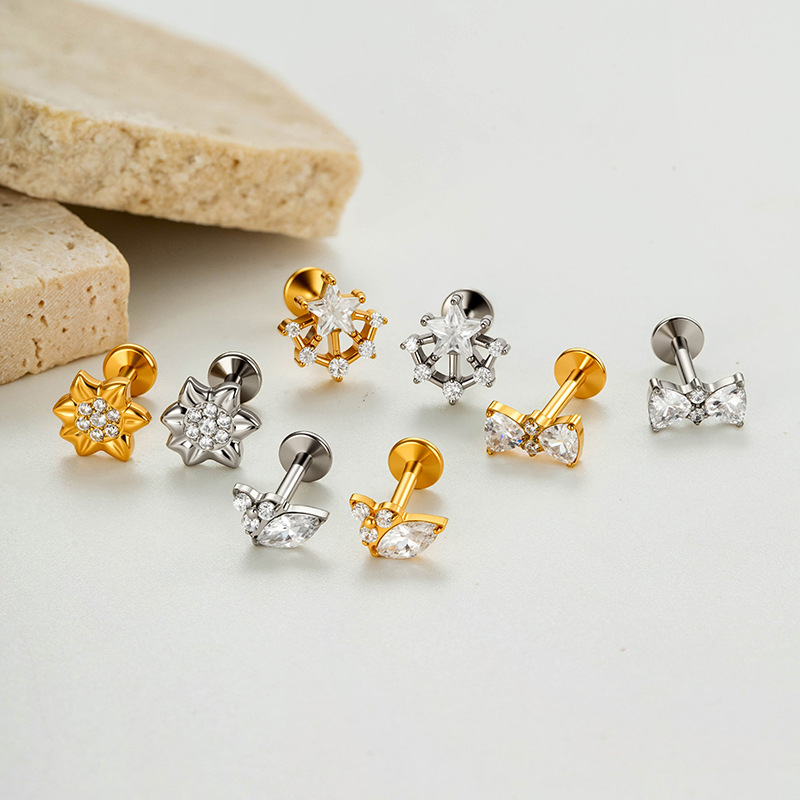 Boucles D'Oreilles Piercing Pour Femme, En Alliage De Titane Doré Avec Zircon, Motif Nœud Papillon Et Étoile, Collection Simple Series h5Image6