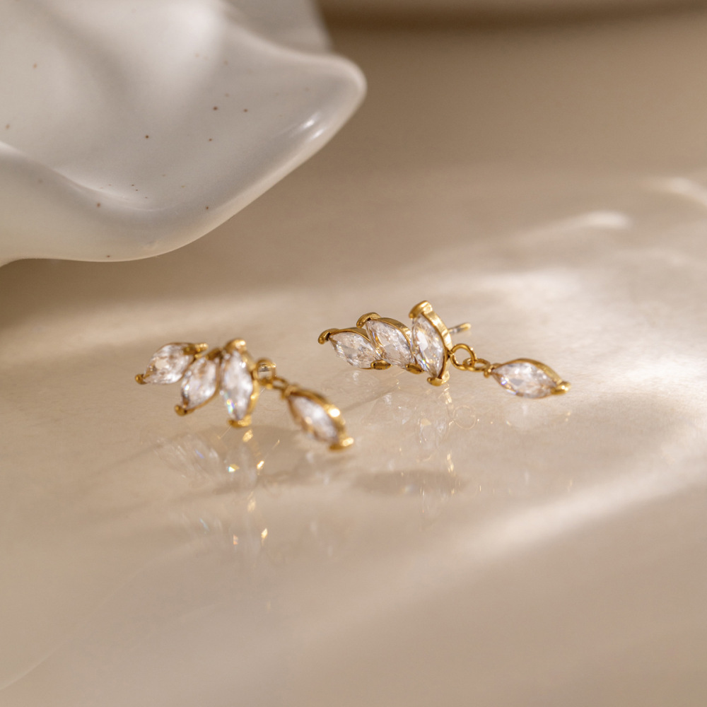 Boucles D'Oreilles Pendantes Pour Femme En Acier Inoxydable, Étanches, Couleur Or, Avec Zircon Et Motif Floral Image3