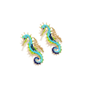 Boucles D'Oreilles Puces Pour Femmes, Style Ethnique, Motif Hippocampe Et Or, En Alliage Et Strass, Collection Vacances. h5 Image3