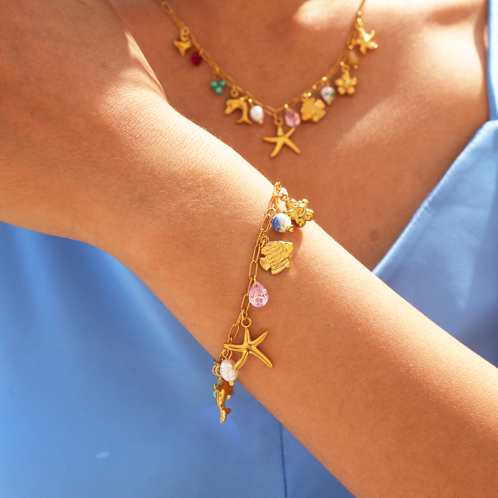 Ensembles De Bracelets Pour Femmes Simple Series Daily Shell Starfish En Acier Inoxydable Étanche Couleur Or Image5