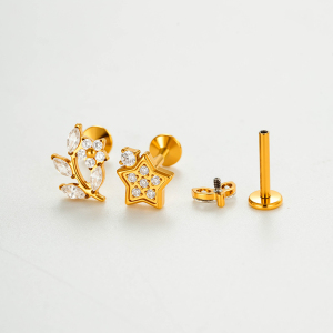 Boucles D'Oreilles Piercing Femme En Alliage De Titane Couleur Or, Forme Simple Cœur Et Étoile, Zircon. h5 Image3