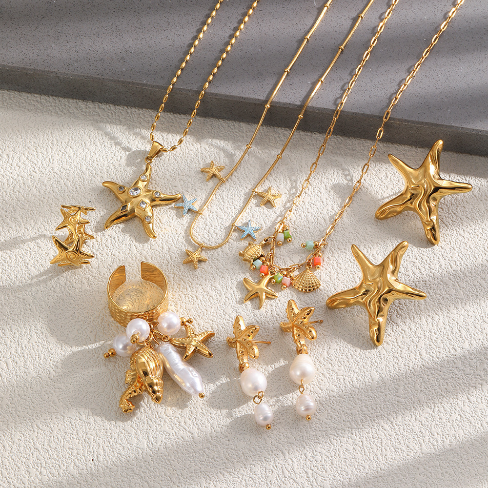 Ensembles De Colliers Pour Femmes Style Océanique, Étoiles De Mer, En Acier Inoxydable, Étanches, Couleur Or, Strass Et Perles Image3