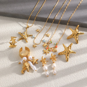 Ensembles De Colliers Pour Femmes Style Océanique, Étoiles De Mer, En Acier Inoxydable, Étanches, Couleur Or, Strass Et Perles h5 Image3