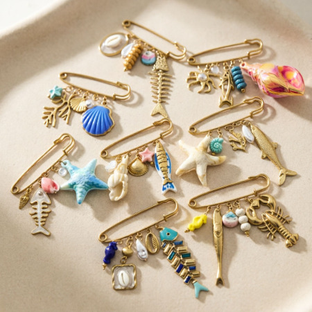 Broches en acier inoxydable style océanique, collection Simple, motif coquillages, étoiles de mer et coraux