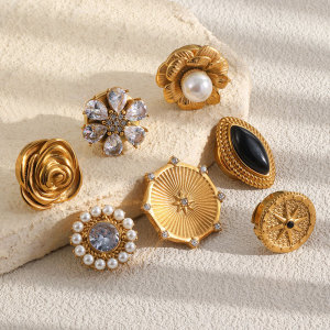 Boutons De Manchette Pour Femme, Style Rétro, En Acier Inoxydable Doré, Ornés D'Un Zircon Et D'Une Perle, Motif Floral Rond. h5 Image3