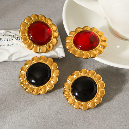 Boucles d'oreilles puces pour femmes, style simple et quotidien, en acier inoxydable, étanches, couleur or, ornées de fleurs et de pierres naturelles.