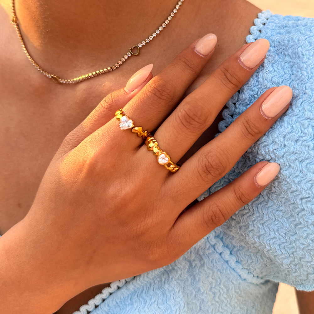 Ensembles De Bagues Pour Femmes Simple Series Daily Heart En Acier Inoxydable Étanche Couleur Or Avec Zircon Image3
