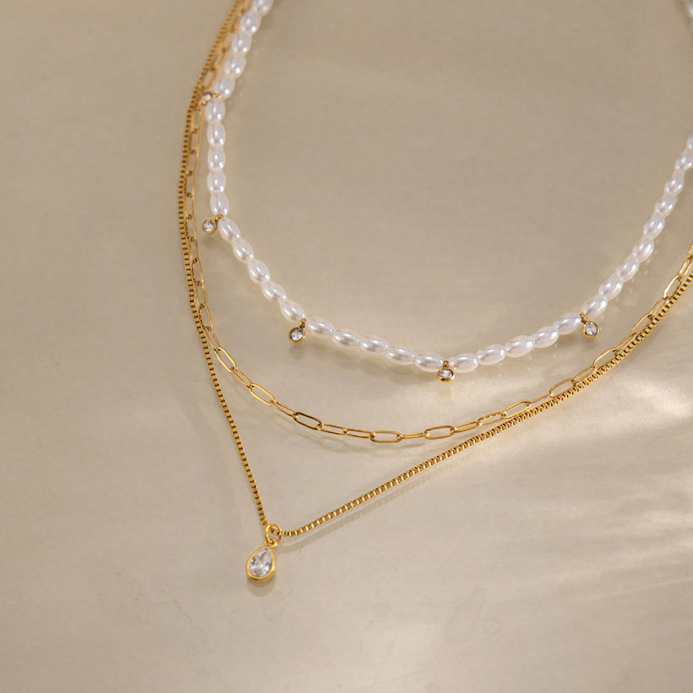 Colliers Superposés Pour Femmes, Collection Simple Series Daily Droplet Chain, En Acier Inoxydable, Couleur Or, Avec Zircon, Étanches. Image4