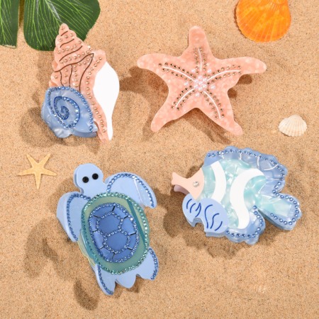 Griffes à cheveux pour femmes, collection romantique, motif animaux de vacances, style océanique, coquillages, étoiles de mer, acétate et strass. 2