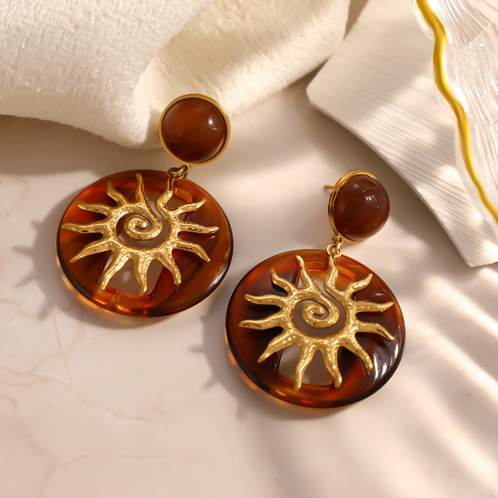 Boucles D'Oreilles Pendantes Pour Femmes, Style Rétro Soleil, En Acier Inoxydable, Couleur Or, Série Simple. Image3