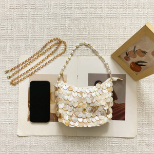 Sac Carré Pour Femme En Acrylique Tissé À Sequins, Perles Et Coquillages, Style Soirée h5 Image6