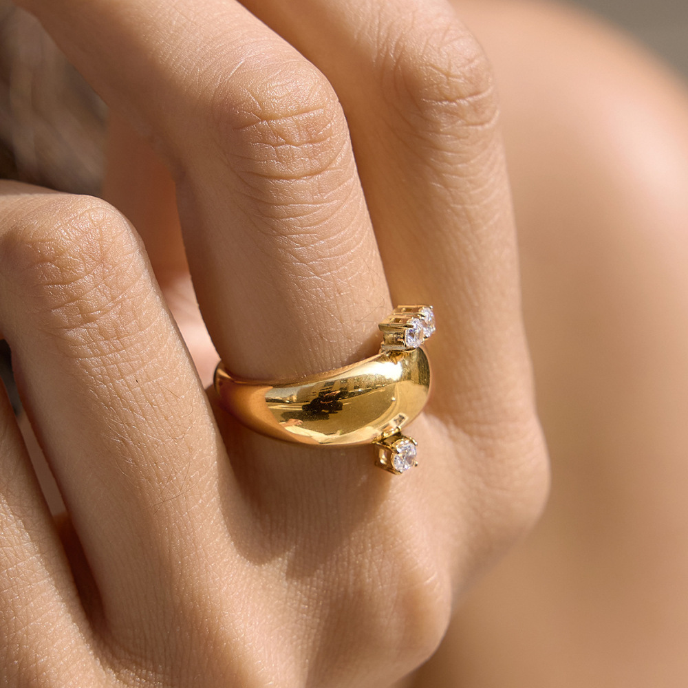 Bagues Pour Femmes En Acier Inoxydable Étanche, Forme Simple Et Irrégulière, Serties De Zircon. Image2