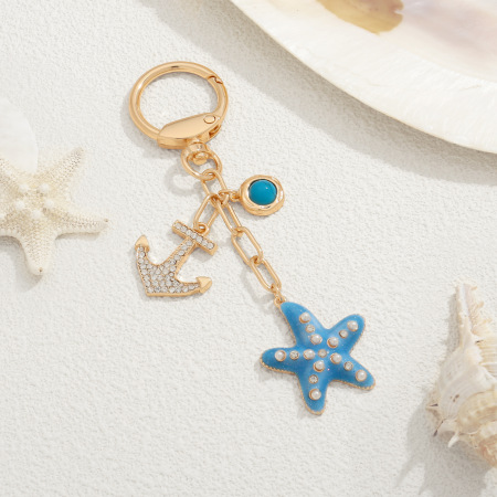 Porte-clés en alliage et strass, motif étoile de mer, style océanique, collection Simple Series Vacation 2