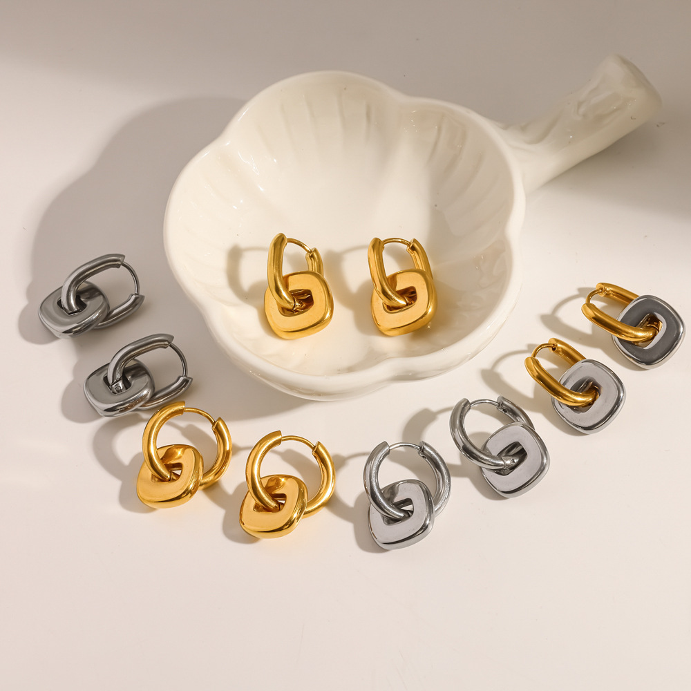 Boucles D'Oreilles Pendantes Pour Femmes, Forme Rectangulaire, En Acier Inoxydable Étanche, Couleur Or, Collection Simple Series Image3