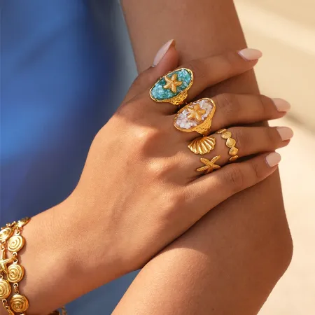 Ensembles de bagues pour femmes Ocean Series Daily Shell Starfish en acier inoxydable étanche couleur or