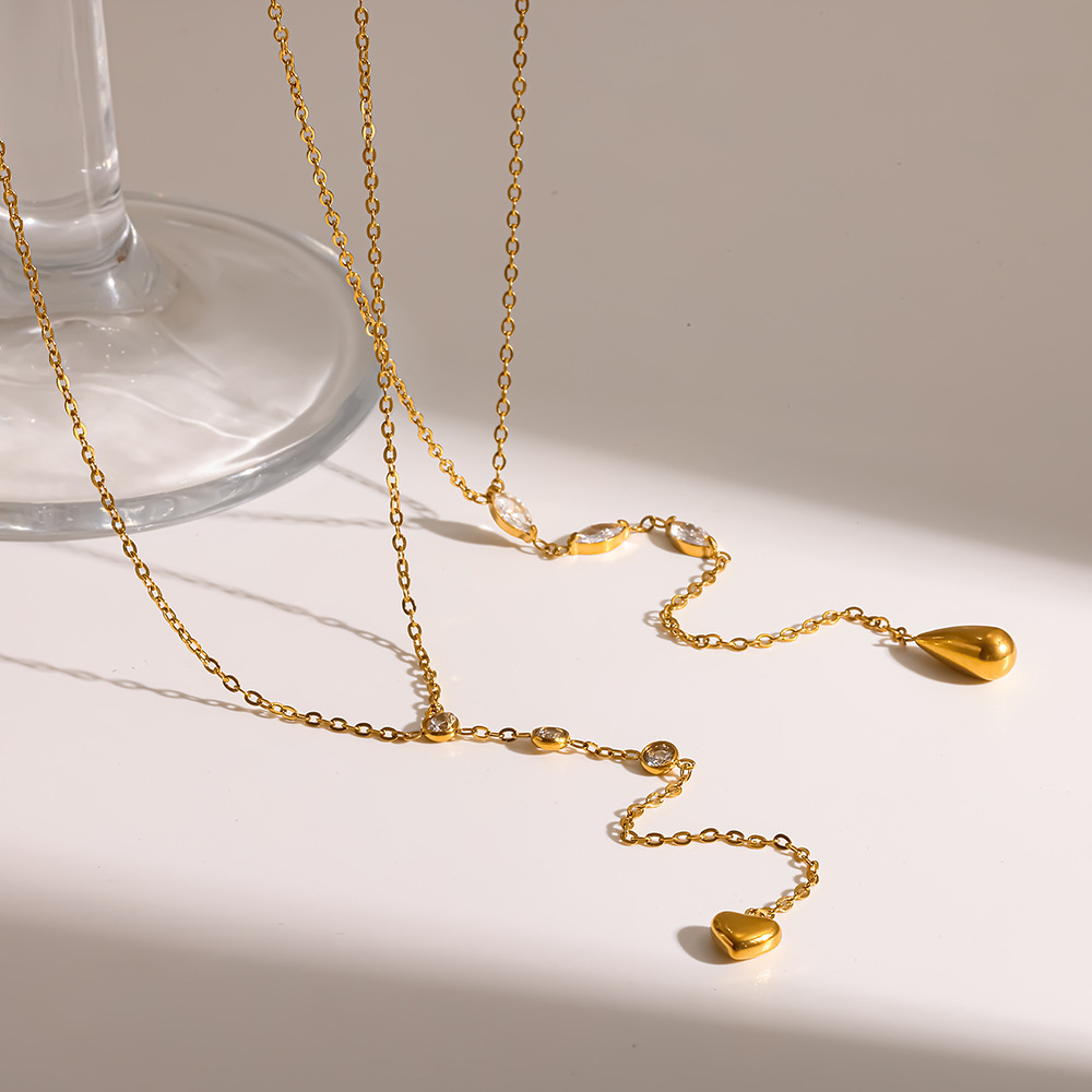 Collier Pendentif Élégant En Forme De Cœur Et Goutte D'Eau, En Acier Inoxydable Étanche, Couleur Or, Avec Zircon. Image3