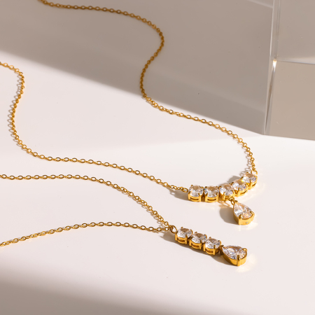 Colliers pendentifs élégants en forme de goutte, en acier inoxydable étanche, couleur or et zircon, pour femmes