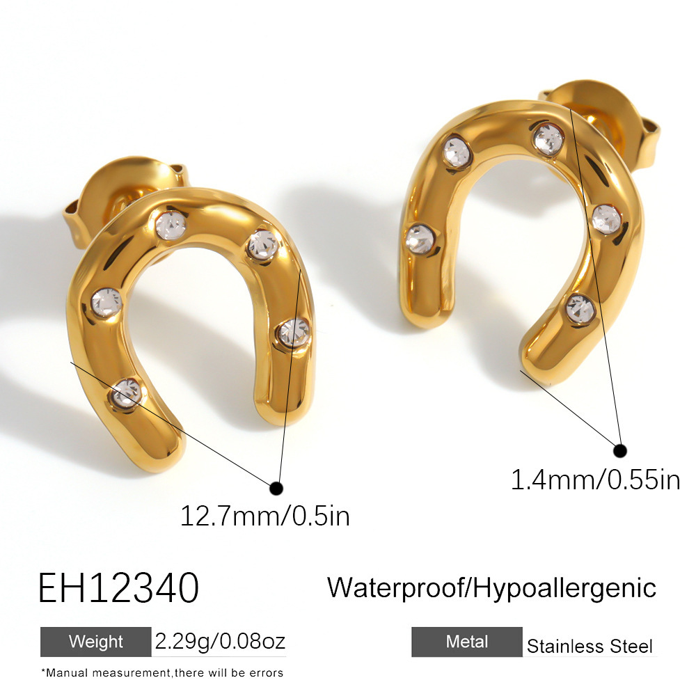 Boucles D'Oreilles Puces Pour Femmes En Acier Inoxydable, Forme Elliptique En Fer À Cheval, Couleur Or, Zircon Et Verre, Étanches. 