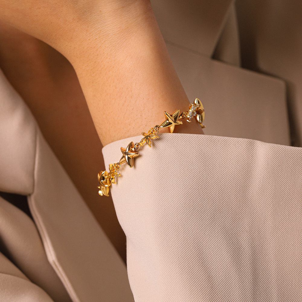 Bracelet Chaîne Pour Femme Simple Series Daily Flower Star En Acier Inoxydable, Étanche, Couleur Or, Avec Zircon. Image3