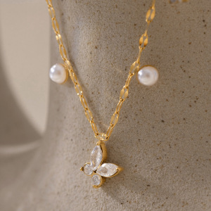 Colliers Pendentifs Pour Femmes, Collection Romantique, Avec Pendentif Papillon Doux En Acier Inoxydable, Couleur Or Et Zircon, Étanches. h5 Image3