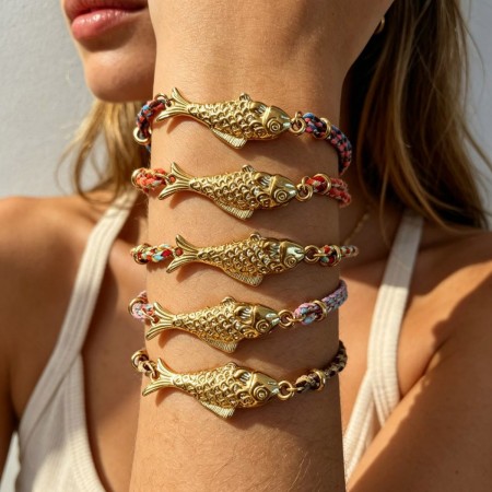 Bracelets tressés pour femmes, style océanique, motif poisson, couleur or 2