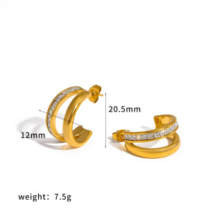 Boucles D'Oreilles Puces Élégantes Et Luxueuses En Forme De C, En Acier Inoxydable Étanche, Couleur Or, Ornées De Strass. h5 
