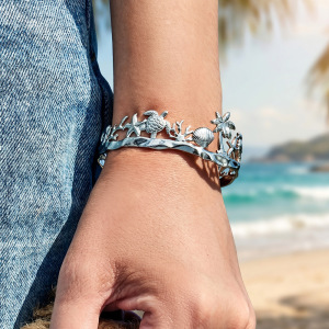 Bracelets Manchettes Pour Femmes En Acier Inoxydable, Couleur Or, Style Coquillage, Motif Vacances Sur L'Océan h5 Image3