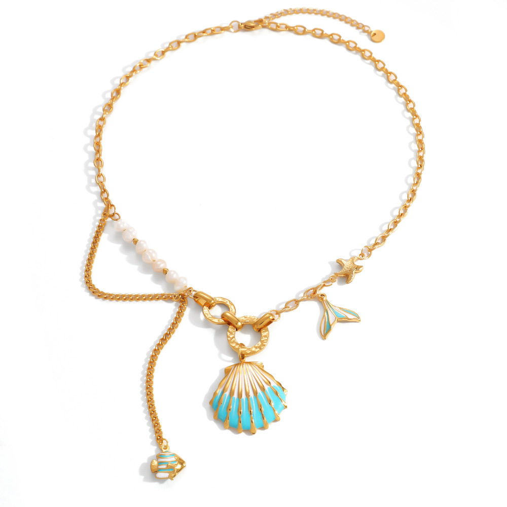 Colliers Pendentifs Pour Femmes, Collection Luxueuse, Style Océanique Mignon, Coquillage Et Étoile De Mer, En Acier Inoxydable Étanche, Couleur Or h5Image4