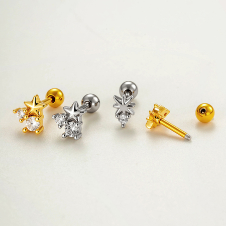 Boucles d'oreilles piercing pour femme, forme géométrique étoile, couleur cuivre doré, zircon. 2
