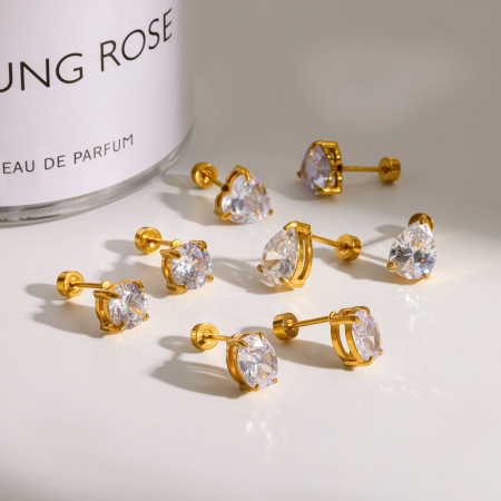 Boucles d'oreilles puces simples en acier inoxydable étanche couleur or avec strass pour femmes