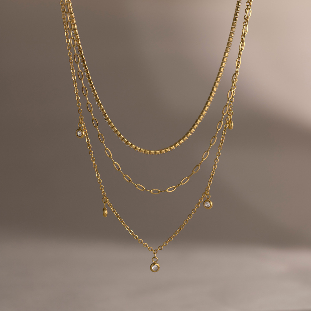 Colliers Superposés Pour Femmes, Collection Simple Series Daily Chain Circle, En Acier Inoxydable, Couleur Or, Avec Zircon, Étanches. Image3