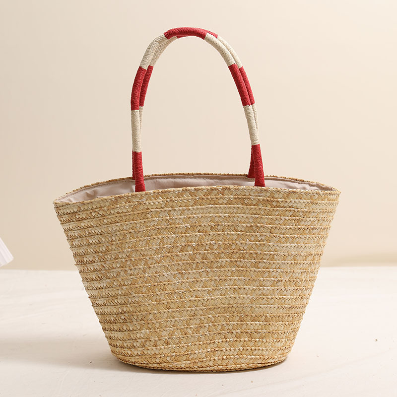 Sac Trapèze Femme En Raphia Tissé Couleur Cerise Style Vacances h5Image3
