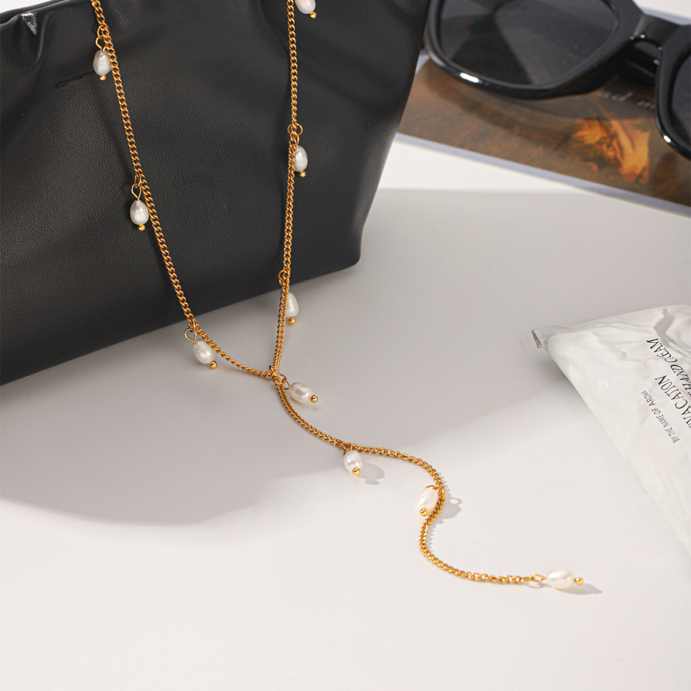 Colliers Pendentifs Pour Femmes, Collection Simple Series Daily Tassel, En Acier Inoxydable Étanche, Couleur Or Et Perle. Image5