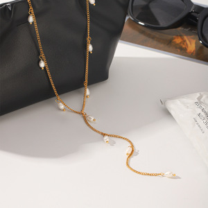 Colliers Pendentifs Pour Femmes, Collection Simple Series Daily Tassel, En Acier Inoxydable Étanche, Couleur Or Et Perle. h5 Image5