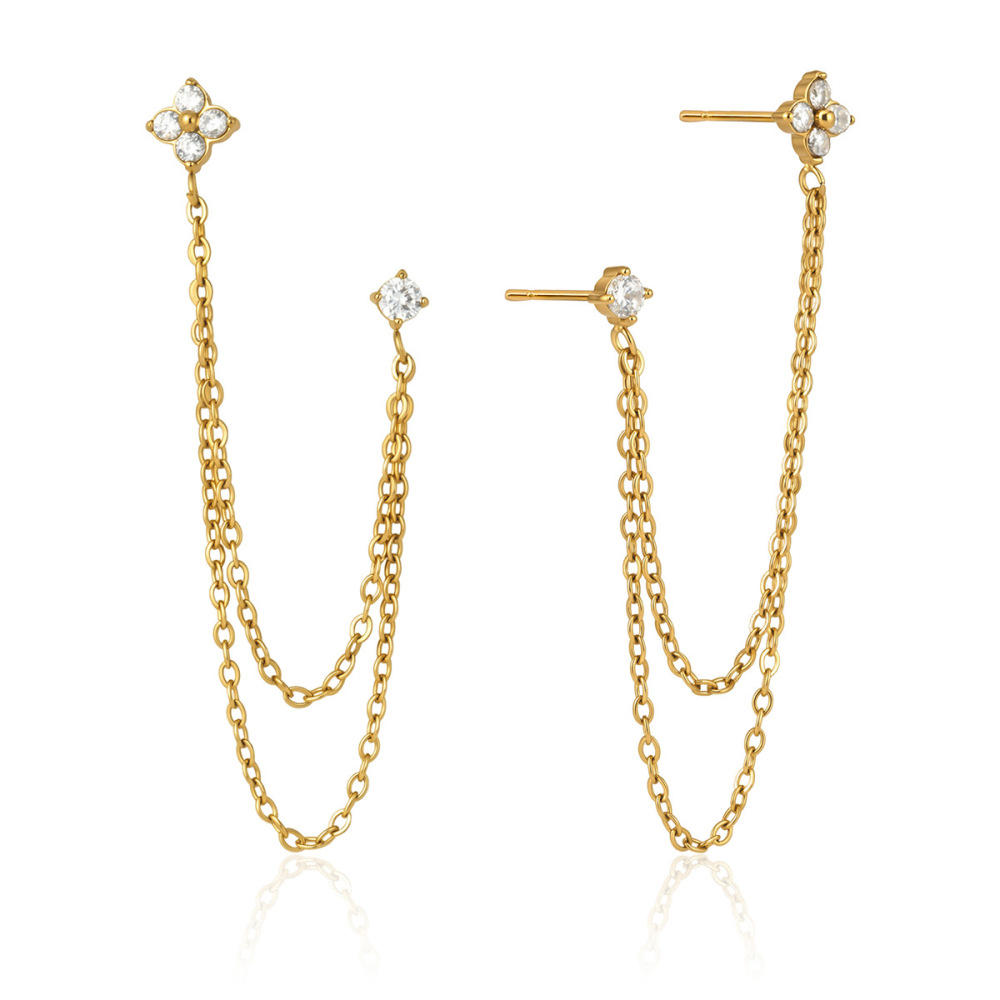 Boucles D'Oreilles Puces Élégantes Pour Femmes, En Acier Inoxydable Imperméable, Couleur Or, Avec Pompon Et Zircon, Ornées De Fleurs. Image5