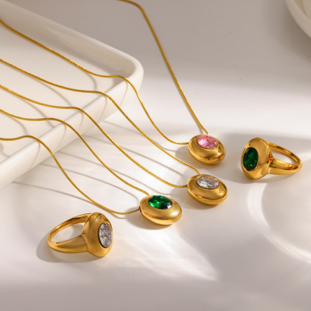 Ensembles de colliers pour femmes en acier inoxydable imperméable, forme elliptique simple, couleur or, zircon. 2